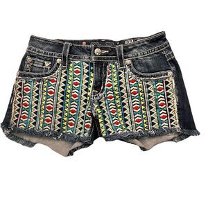 Miss Me Womens Denim Cut Off Shorts Aztec Embellished Sequin Embroidered Size 27
